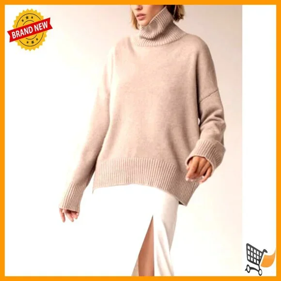 Chunky Knit Turtleneck Sweater Oversized Pullover High Low Hem Trendy Fall - Picture 4 of 7